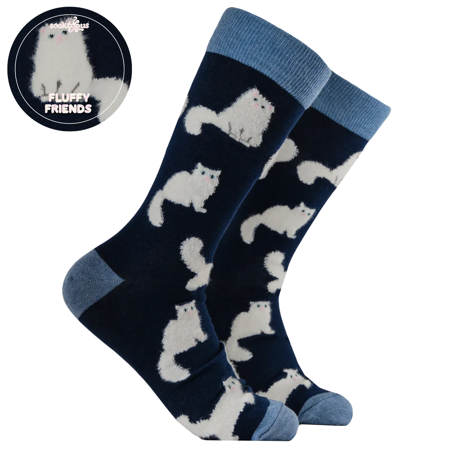 Socktopus Fluffy White Cats combed cotton socks with raised fluffy white cats on a navy background and pale blue contrast cuffs, heels and toes.