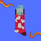 Socktopus Fluffy White Cats combed cotton socks in retail packaging, featuring fluffy white cats on a vibrant hot pink background with burgundy cuffs, heels and toes.
