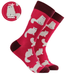 Socktopus Fluffy White Cats combed cotton socks with raised fluffy white cats on a hot pink background and burgundy contrast details.