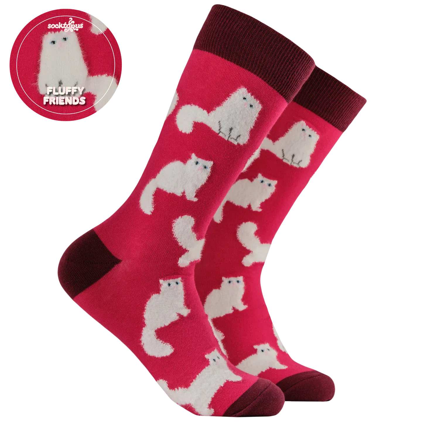 Socktopus Fluffy White Cats combed cotton socks with raised fluffy white cats on a hot pink background and burgundy contrast details.