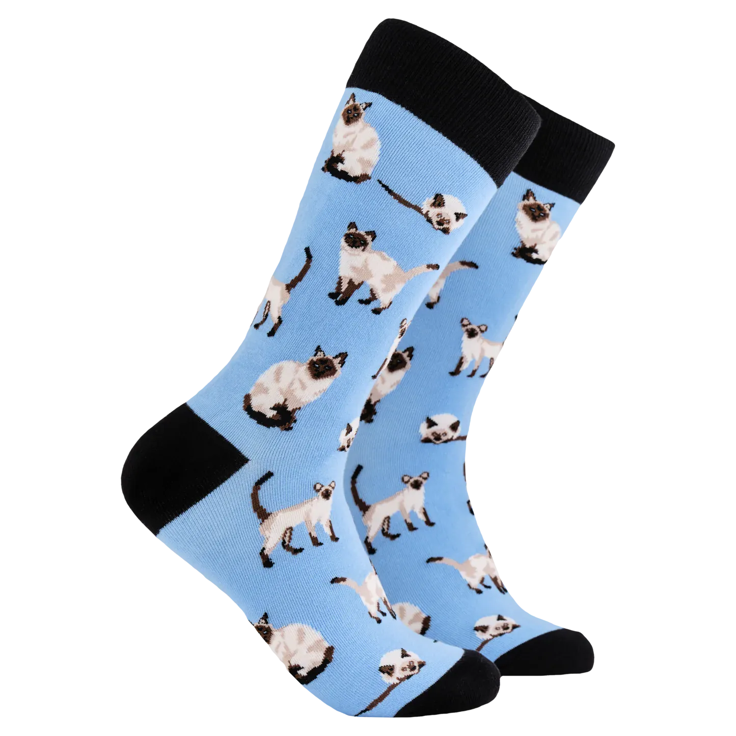 Socktopus Siamese Cats combed cotton socks with detailed Siamese cat illustrations on a bright blue background, perfect for Siamese cat lovers.