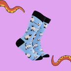 Angled view of Socktopus Siamese Cats combed cotton socks featuring elegant Siamese cats in different poses with contrasting black cuffs, heels and toes.
