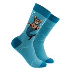 Socktopus Sparkly Cat Mermaid combed cotton socks featuring a tabby cat with a sparkling blue mermaid tail, aqua background and ocean-inspired details.