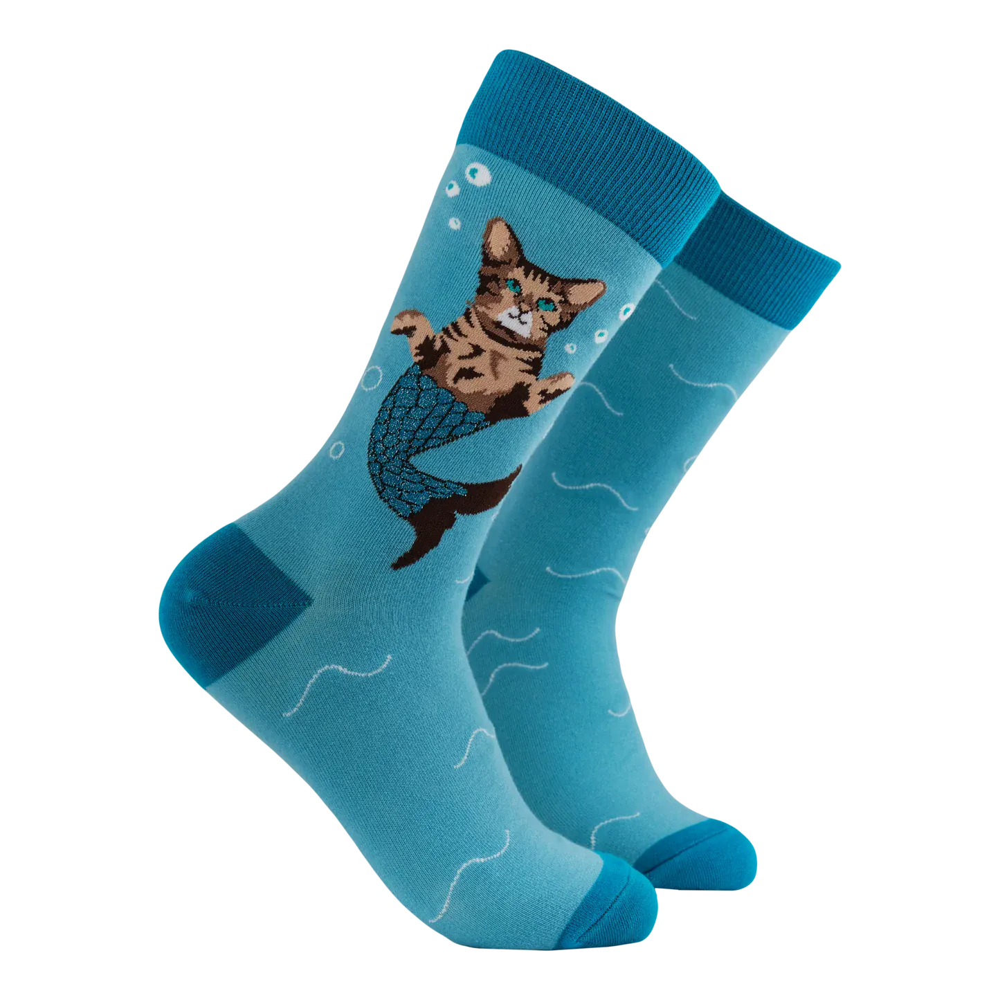 Socktopus Sparkly Cat Mermaid combed cotton socks featuring a tabby cat with a sparkling blue mermaid tail, aqua background and ocean-inspired details.