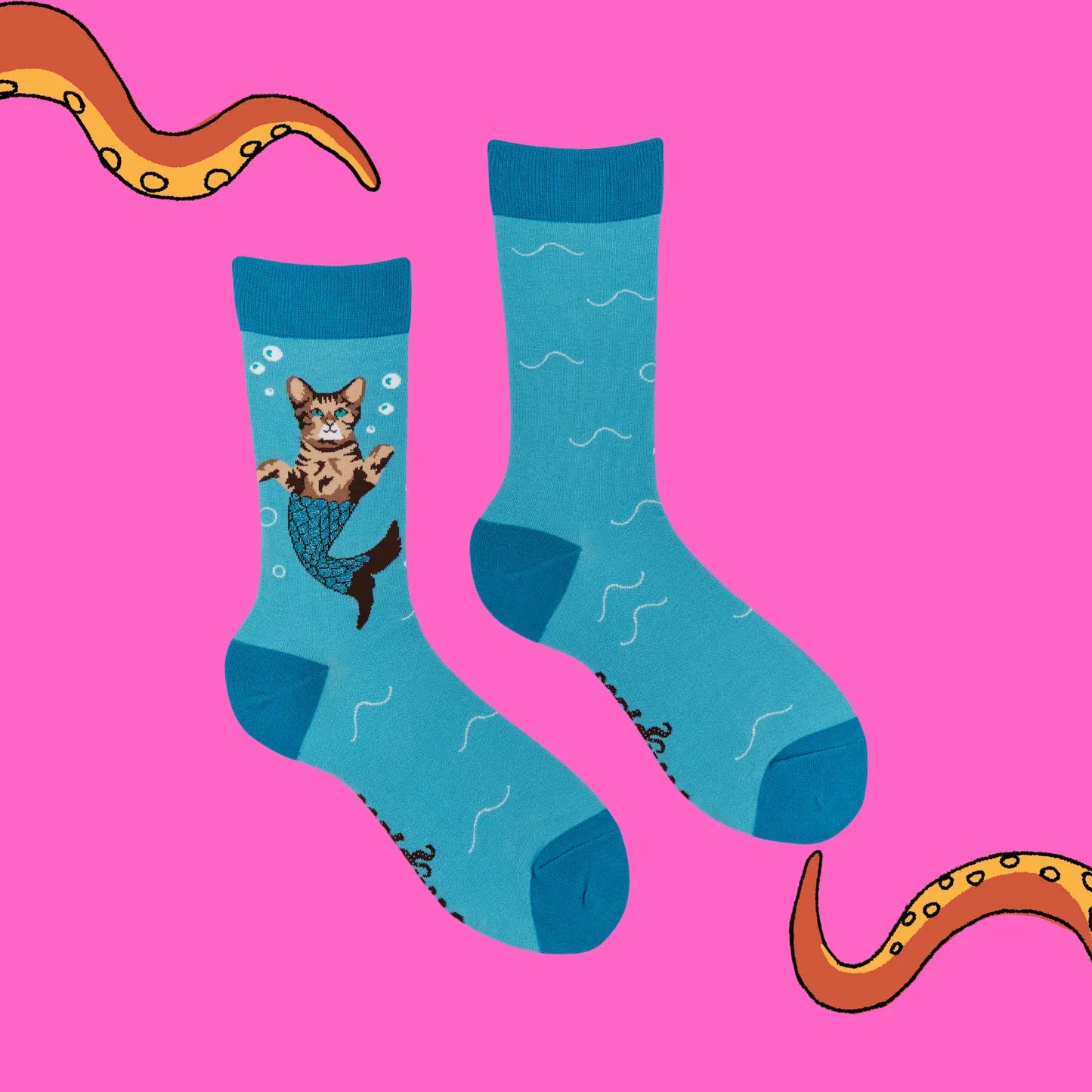 Front and back view of Socktopus cat mermaid socks showing the sparkly blue mermaid tail, underwater bubbles and wave pattern on the reverse.