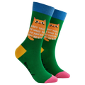 Socktopus Don't Tell Me What To Do cat socks in bright green with ginger cat design, blue cuffs, yellow heels and pink toes.