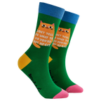 Socktopus Don't Tell Me What To Do cat socks in bright green with ginger cat design, blue cuffs, yellow heels and pink toes.
