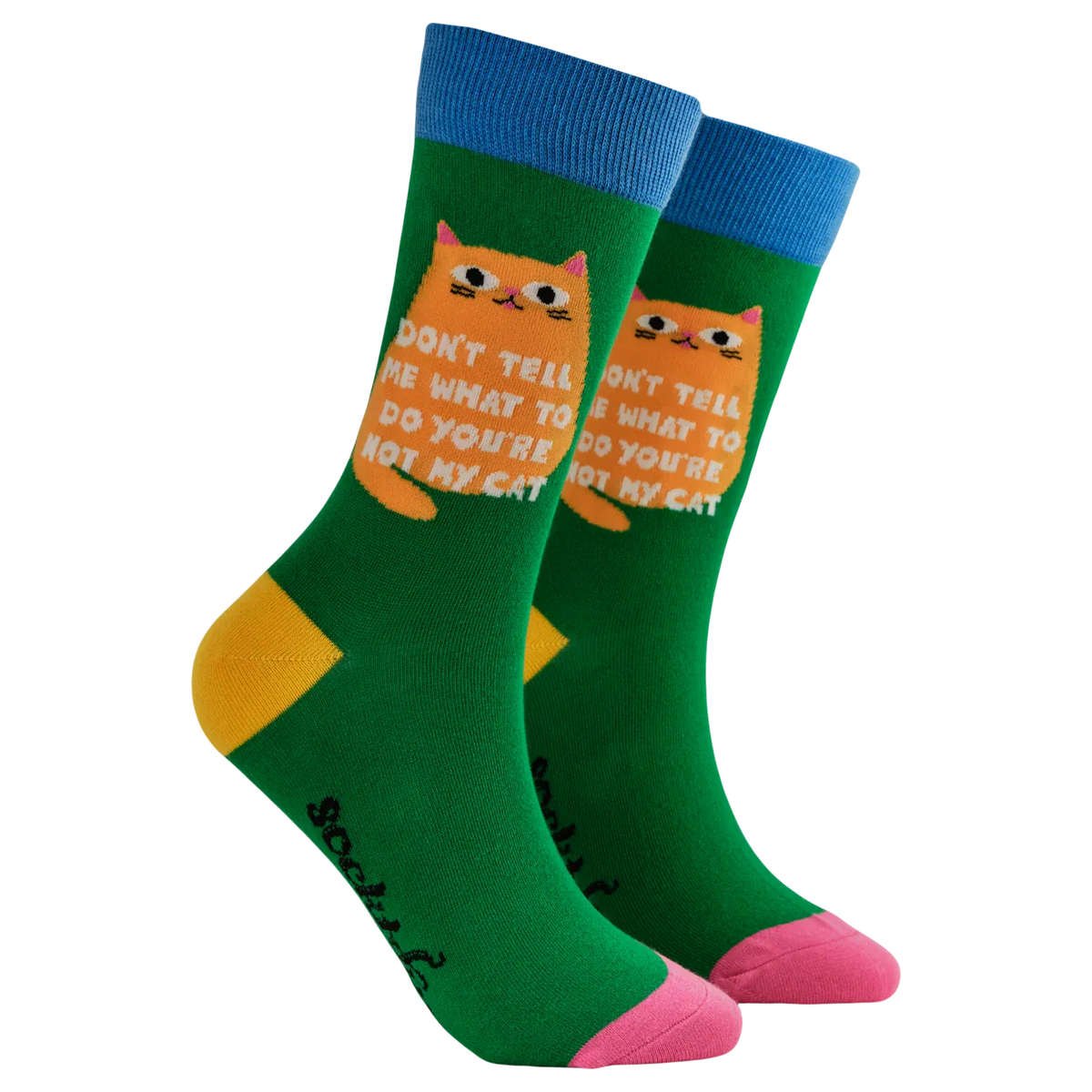 Socktopus Don't Tell Me What To Do cat socks in bright green with ginger cat design, blue cuffs, yellow heels and pink toes.
