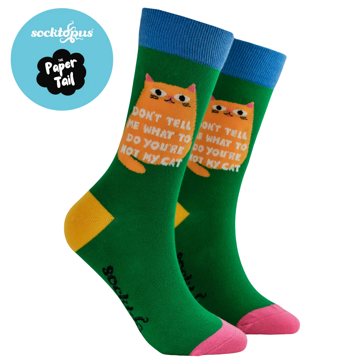 Socktopus x The Paper Tail Don't Tell Me What To Do cat socks showing the ginger cat slogan design alongside the collaboration logo.