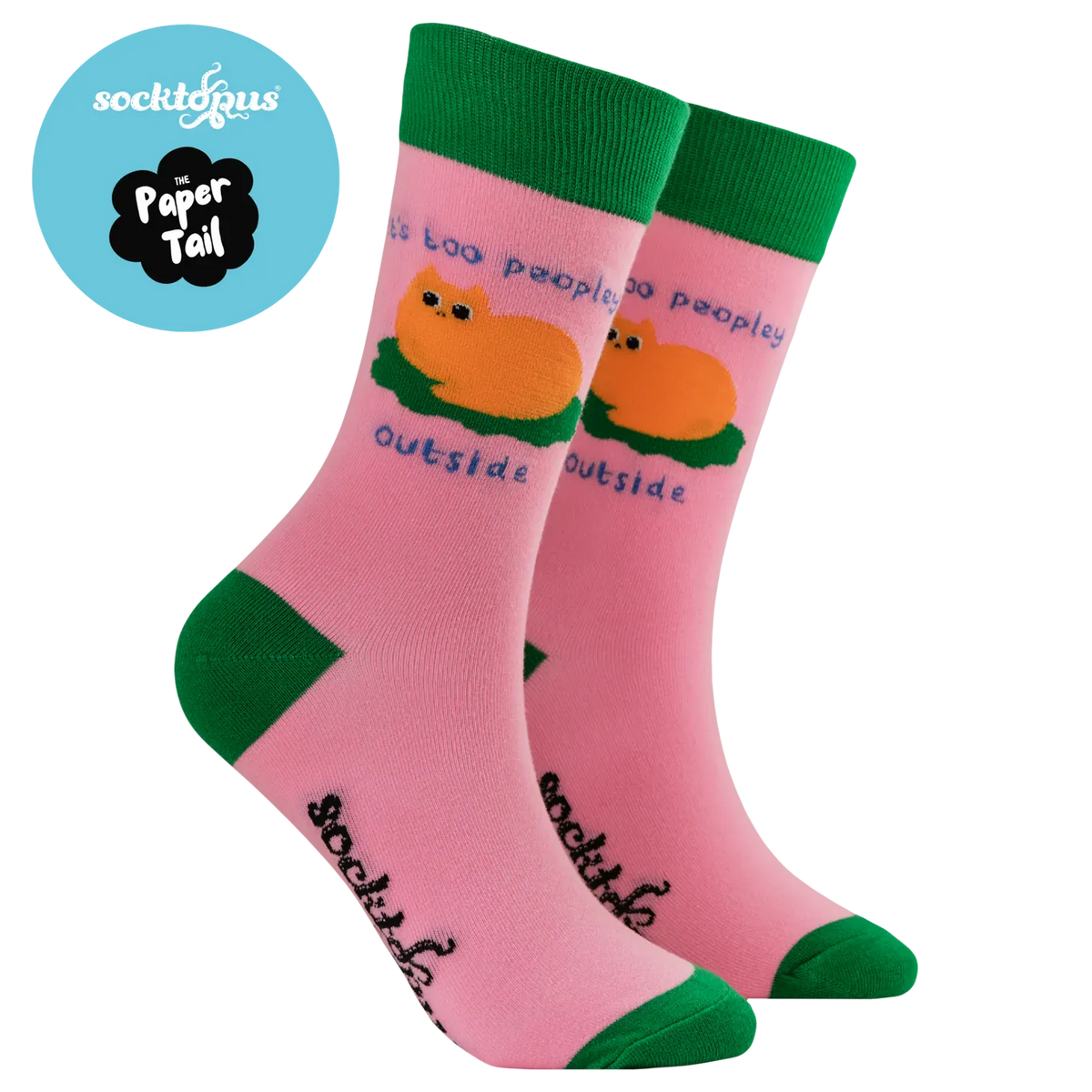 Socktopus x The Paper Tail It's Too Peopley Outside ladies' cat socks in pink with green cuffs, heels and toes, featuring a ginger cat on a green cushion and collaboration logos.