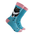Socktopus Ladies Pro-Cat-stinating cat socks in aqua blue with fluffy black-and-white cat design, black paw prints and contrasting pink cuffs, heels and toes.