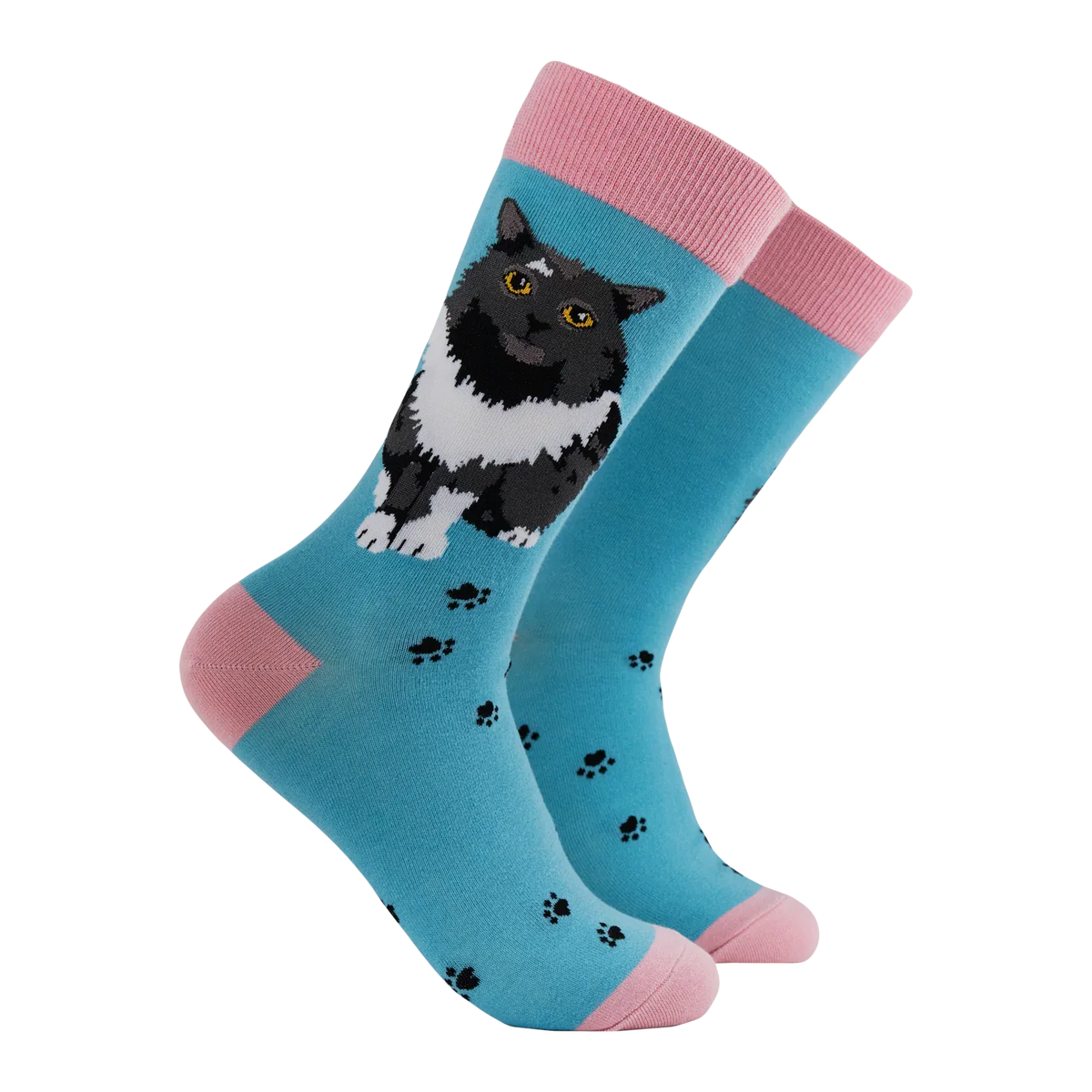 Socktopus Ladies Pro-Cat-stinating cat socks in aqua blue with fluffy black-and-white cat design, black paw prints and contrasting pink cuffs, heels and toes.