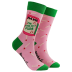 Pair of Socktopus Ladies The Purrfect Match cat socks showing pink fabric, bright green cuffs, heels and toes, black cats peeping from a matchbox and playful red-tipped matchstick pattern.