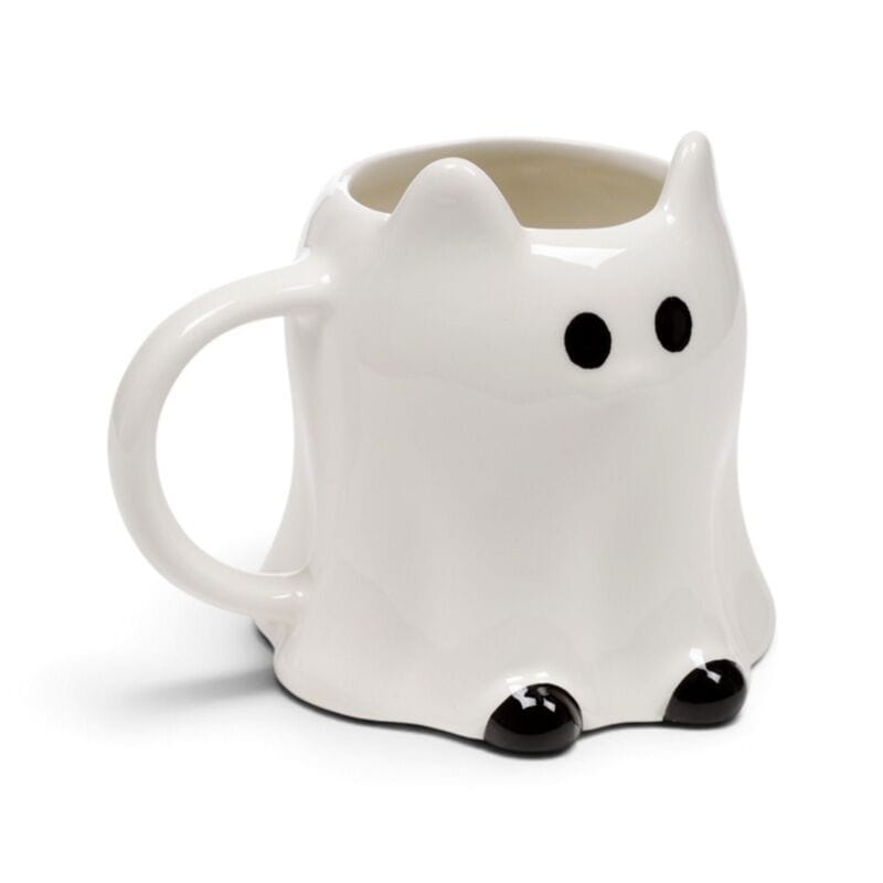 Angled front view of cute Ghost Cat ceramic mug