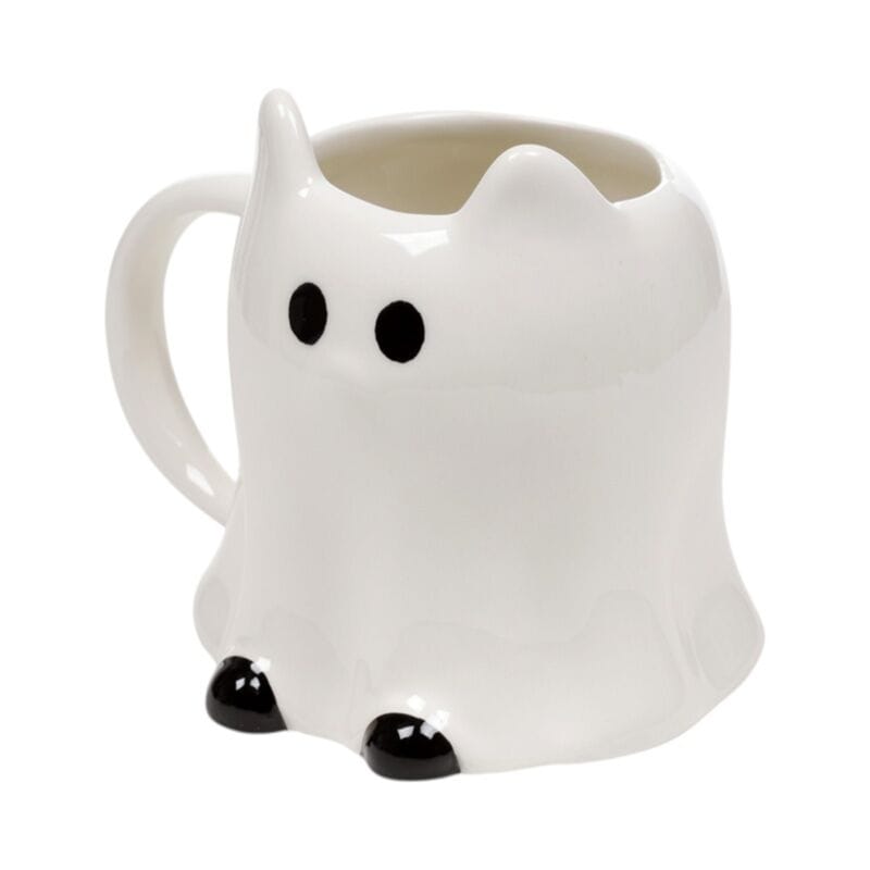 Angled front view of cute Ghost Cat ceramic mug