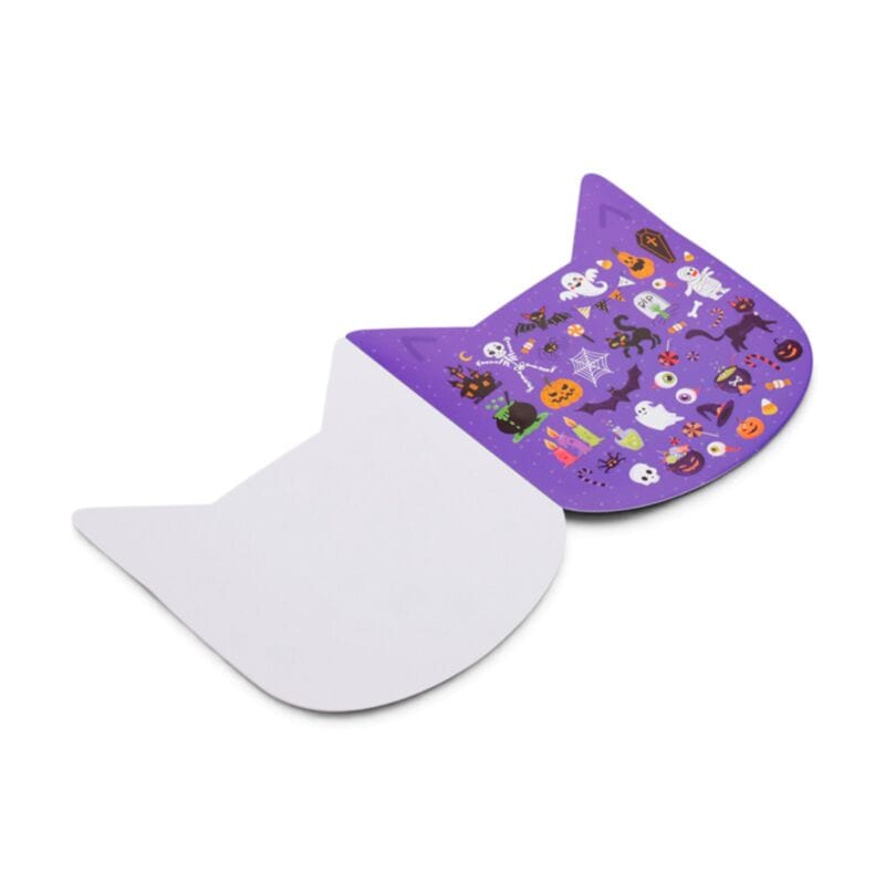 Open Halloween cat shaped sticker book showing assorted sticker pages