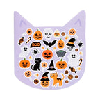 Lilac Halloween sticker sheet featuring witches, pumpkins, black cats and magical icons