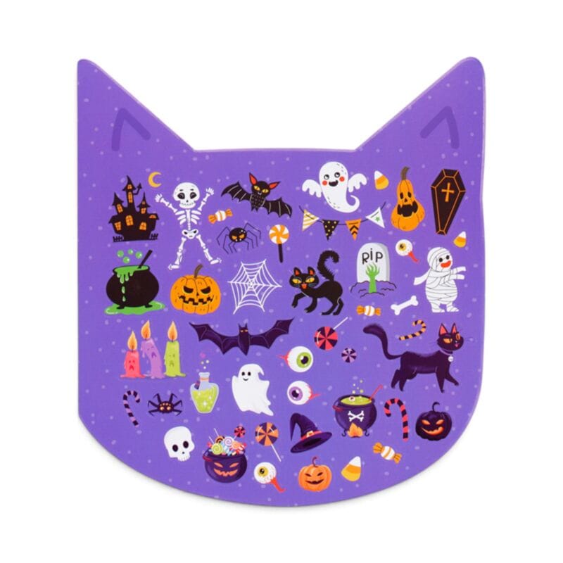 Purple Halloween sticker sheet with ghosts, skeletons and spooky characters