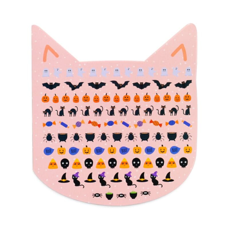 Pink Halloween sticker sheet with black cats, pumpkins and bats