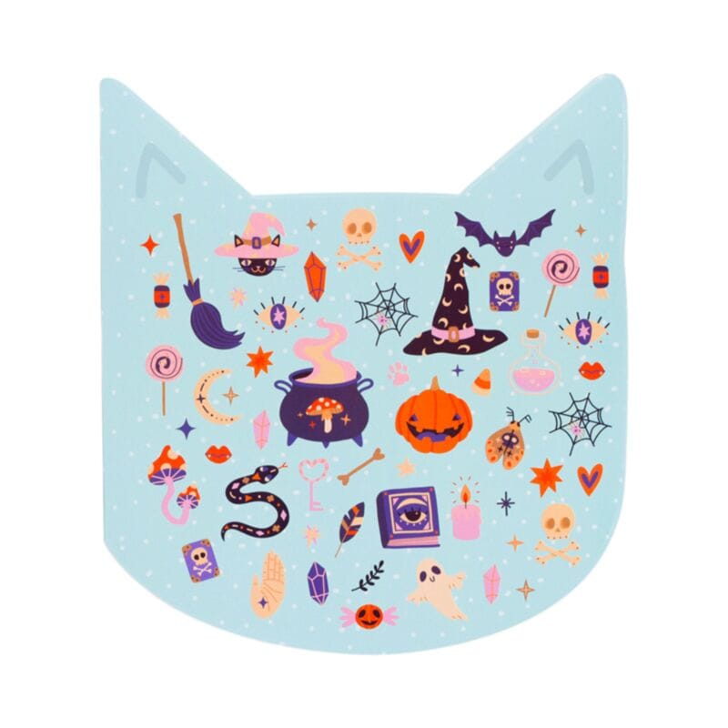 Blue Halloween sticker sheet featuring witches, pumpkins and magical icons