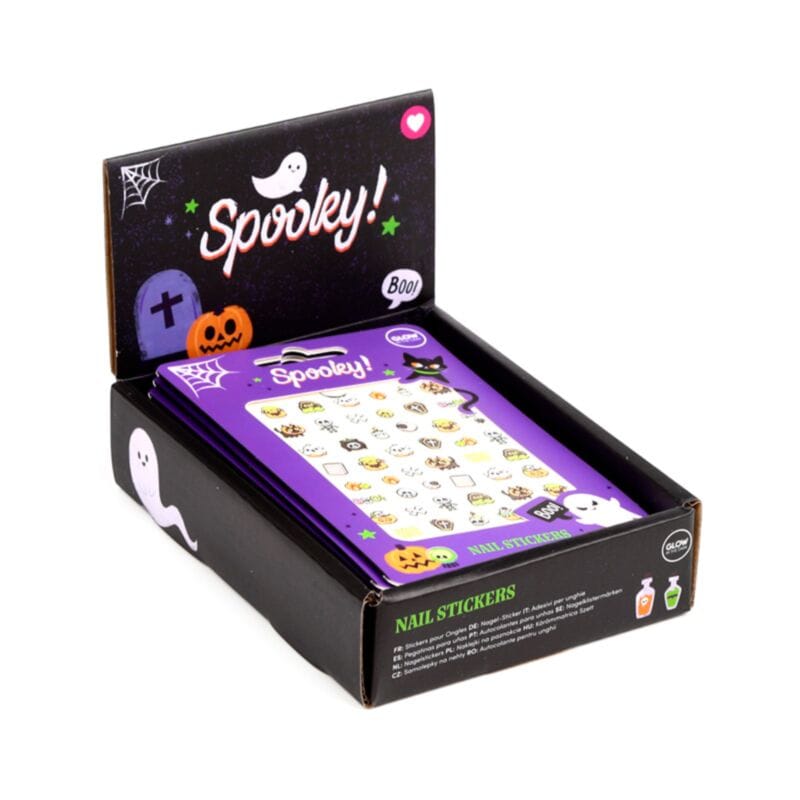 Display box of Spooky glow in the dark Halloween nail stickers