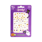 Halloween nail sticker sheet featuring black cats, ghosts and pumpkins