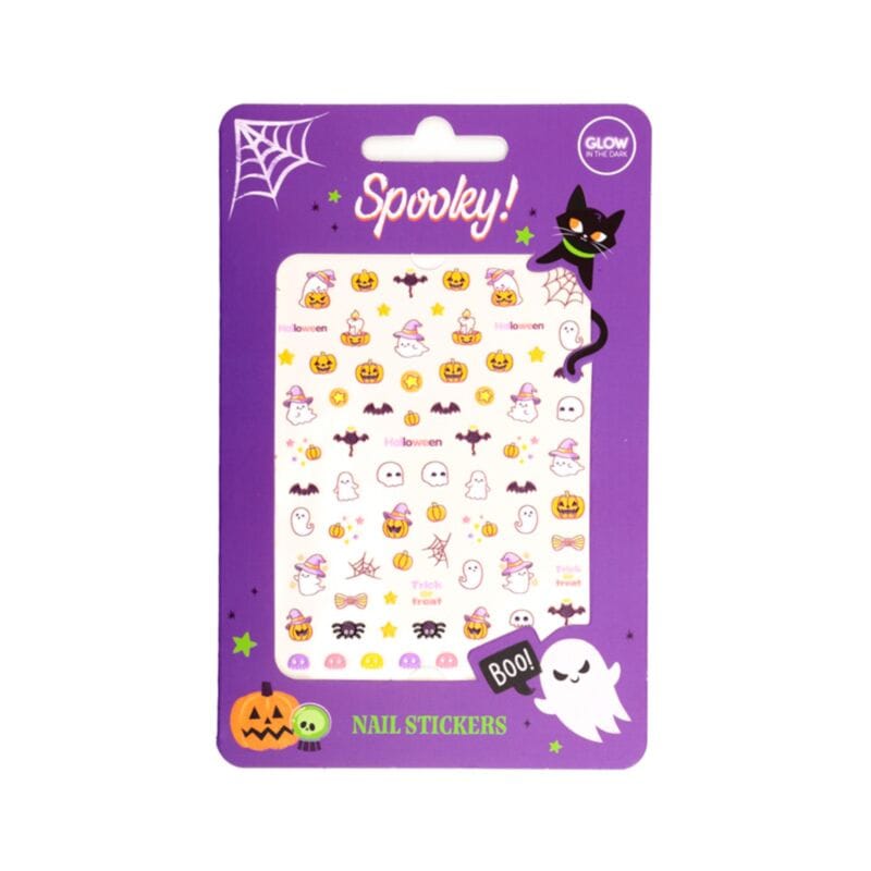 Halloween nail sticker sheet featuring black cats, ghosts and pumpkins