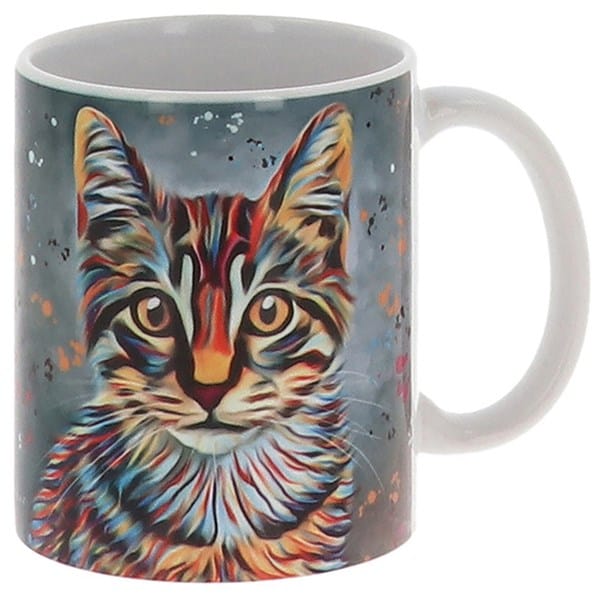 Aquamarine colourful tabby cat mug featuring vibrant contemporary feline artwork by artist Deborah Barker