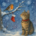 Tabby cat and robin Christmas card featuring a cute tabby watching a robin with a tiny red stocking on a snowy branch surrounded by falling snow