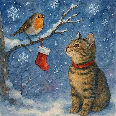 Tabby cat and robin Christmas card featuring a cute tabby watching a robin with a tiny red stocking on a snowy branch surrounded by falling snow