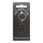The Protector Magick Black Cat Keyring presented on black celestial gift backing card with gold-tone detailing