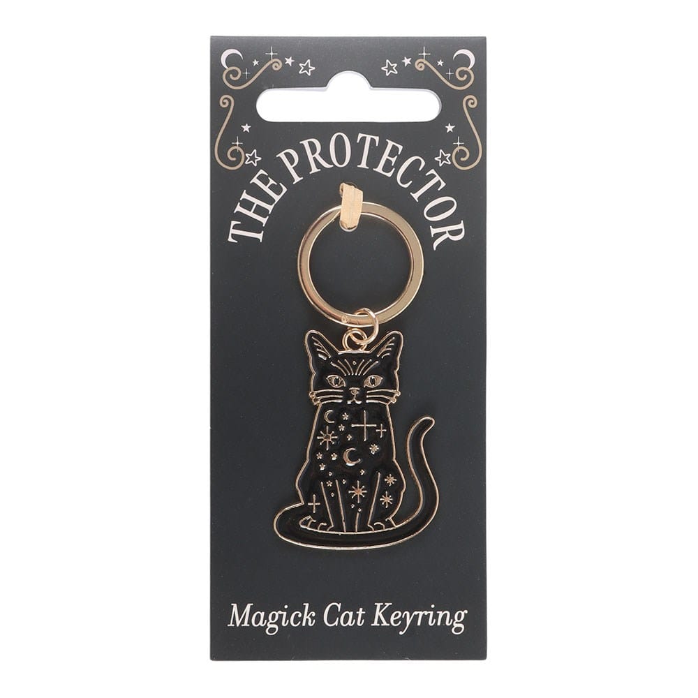 The Protector Magick Black Cat Keyring presented on black celestial gift backing card with gold-tone detailing