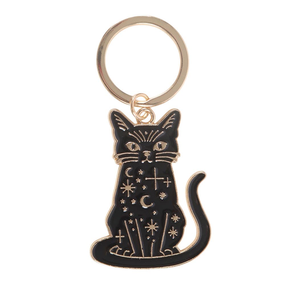 The Protector mystical black cat keyring with black enamel-style finish, gold-tone moons, stars and celestial symbols
