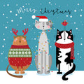 Three festive cats Merry Christmas card with cats wearing reindeer antlers, Santa hat and red scarf, colourful fairy lights, robin and falling snow
