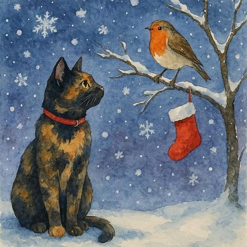 Tortoiseshell cat and robin Christmas card featuring a beautiful tortie sitting in the snow beneath a robin and red stocking on a frosty branch