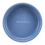 Top view of blue Trixie ceramic cat bowl showing “hello my little cat” wording inside and a glossy finish