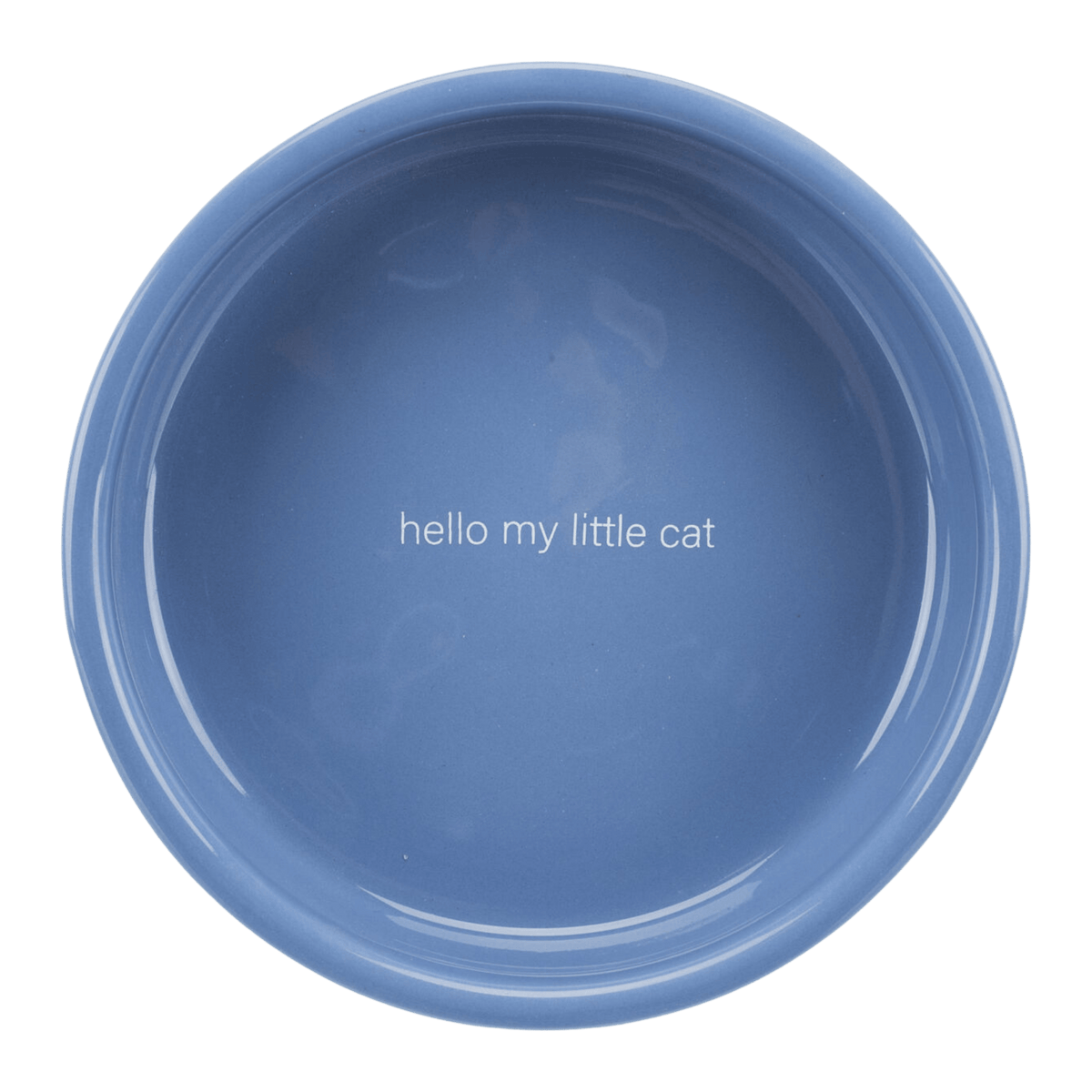 Top view of blue Trixie ceramic cat bowl showing “hello my little cat” wording inside and a glossy finish
