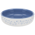 Trixie Hello My Little Cat blue ceramic cat bowl with white exterior and a row of charming blue illustrated cat faces