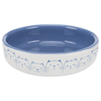 Trixie Hello My Little Cat blue ceramic cat bowl with white exterior and a row of charming blue illustrated cat faces