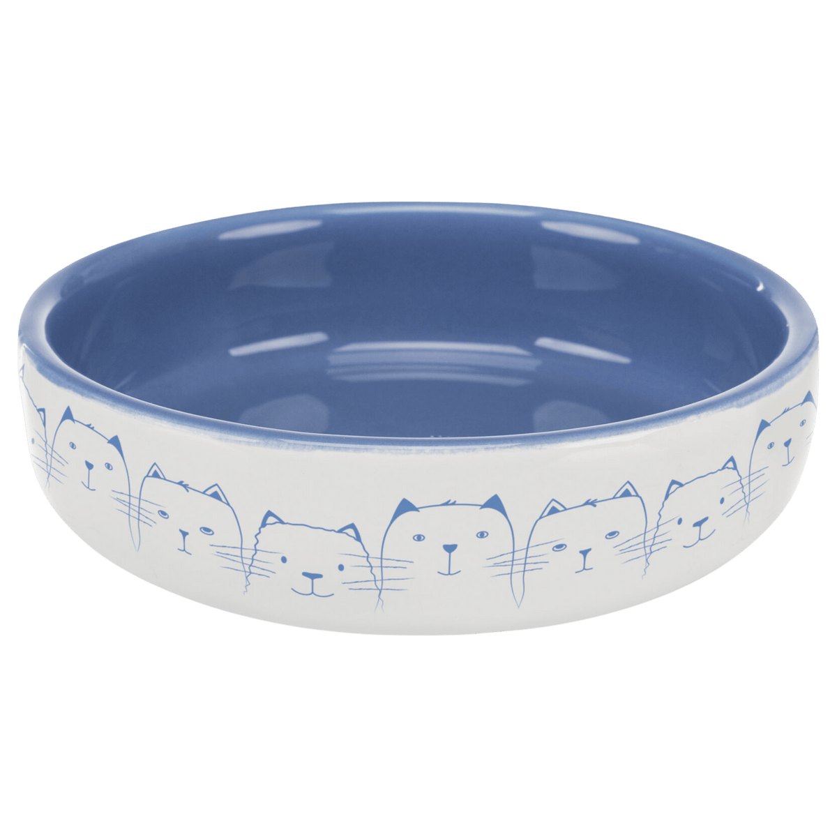 Trixie Hello My Little Cat blue ceramic cat bowl with white exterior and a row of charming blue illustrated cat faces