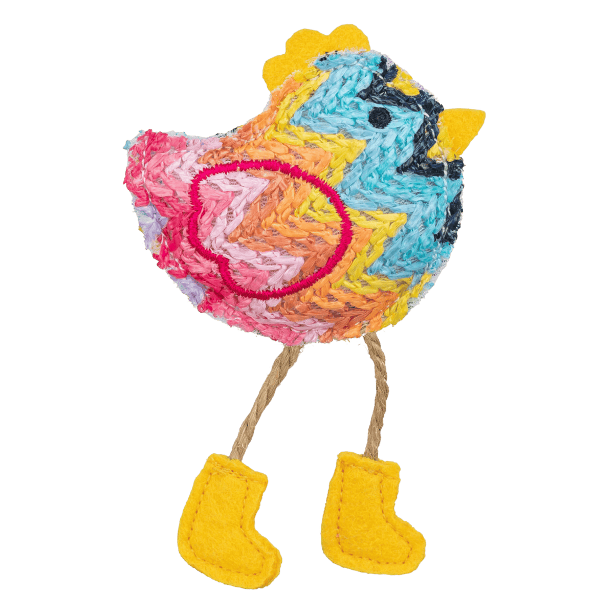 Colourful Trixie catnip chicken toy in blue, pink and orange with flappy wings, dangly legs and jaunty yellow feet