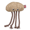 Wide-eyed Trixie catnip jellyfish toy with a textured beige body and four dangly rope tentacles ready for curious paws