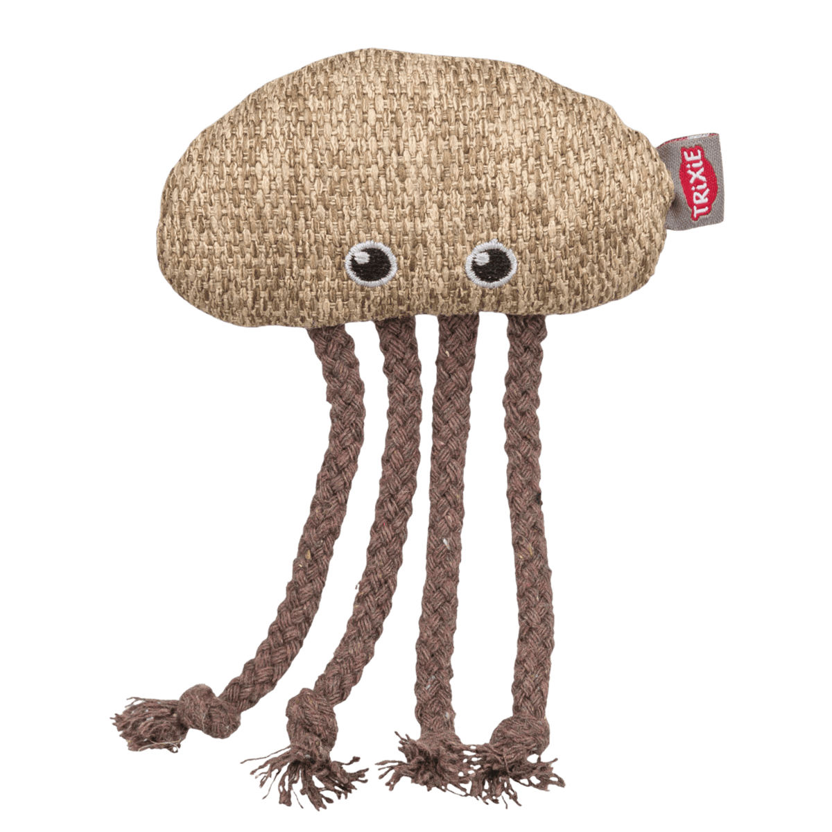 Wide-eyed Trixie catnip jellyfish toy with a textured beige body and four dangly rope tentacles ready for curious paws