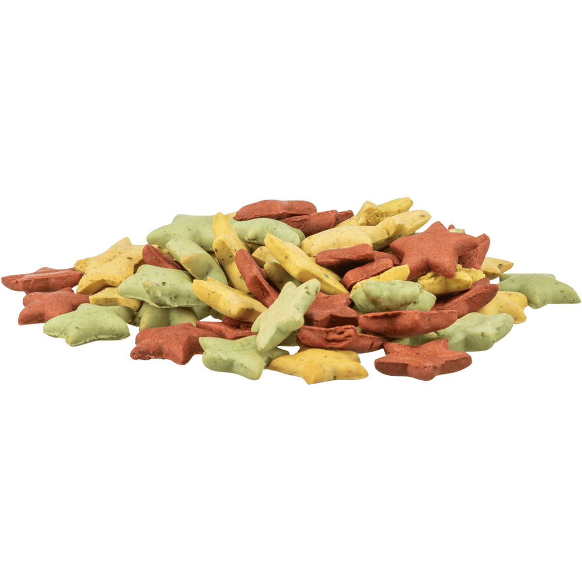 Pile of colourful Trixie Catnip Stars with Salmon cat treats showing yellow, green and reddish star-shaped biscuits made with salmon and catnip.