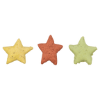 Three individual Trixie Catnip Stars cat treats in yellow, reddish brown and pale green, showing their five-pointed star shapes and textured surfaces.