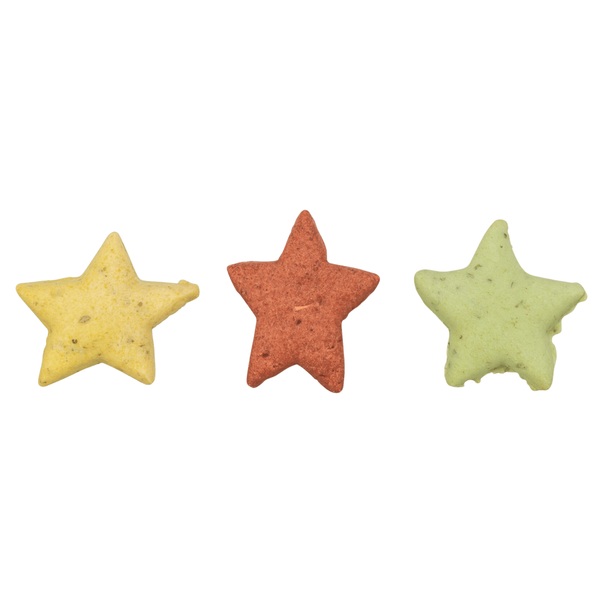 Three individual Trixie Catnip Stars cat treats in yellow, reddish brown and pale green, showing their five-pointed star shapes and textured surfaces.