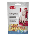 Trixie limited-edition Christmas Catnip Stars with Salmon 50g cat treats in festive packaging with snowflakes, Christmas foliage and a cute kitten.
