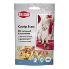 Trixie limited-edition Christmas Catnip Stars with Salmon 50g cat treats in festive packaging with snowflakes, Christmas foliage and a cute kitten.