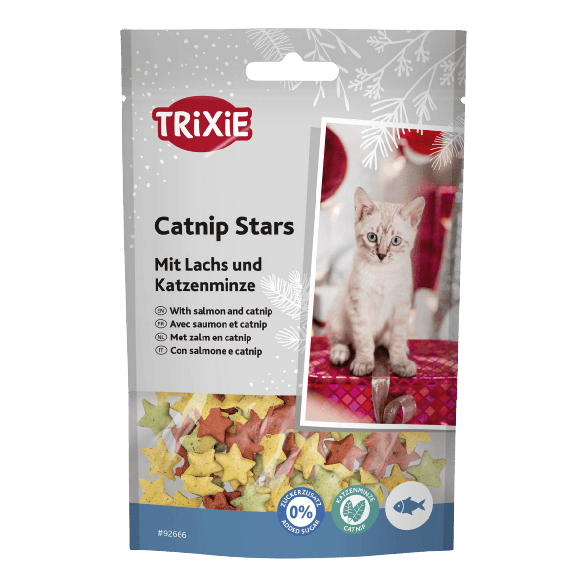 Trixie limited-edition Christmas Catnip Stars with Salmon 50g cat treats in festive packaging with snowflakes, Christmas foliage and a cute kitten.
