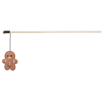 Trixie Christmas gingerbread man cat teaser toy with wooden rod, black cord and brown catnip-filled gingerbread character with embroidered face and pink buttons.